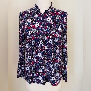 Gap Navy Burgundy Floral Boho Ruffle Collar Long Sleeve Buttoned Casual Top SZ M